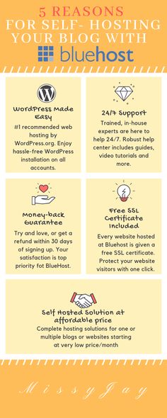 a poster with the words 5 reasons for self - hosting your blog with bluehost