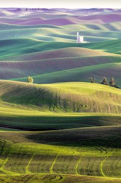 an aerial view of rolling green hills and trees in the foreground, with a white tower in the distance