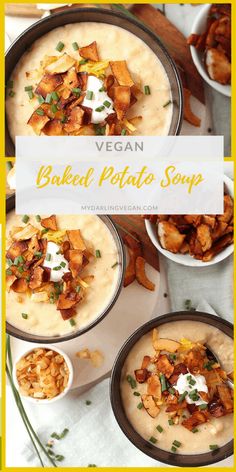 two bowls filled with baked potato soup on top of a table