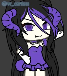 a drawing of a girl with purple hair and blue eyes, holding her hand up to her chest