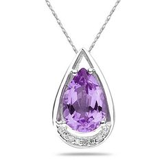 A stunning 12x8 mm pear shaped amethyst perfectly set with a dash of diamond sparkle. An exclusive piece of jewelry sure to be treasured forever.  7 round diamond weigh .05 carats in total, color J-K-L, clarity I2-I3. Gemstone weighs 3.65 ct and measures 12x8 mm. 10k white Gold setting weighs approximately 2.1 grams and hangs from an 18 inch rope chain also crafted in 10k white gold. Classic Pear-shaped Purple Jewelry, Classic Purple Pear-shaped Jewelry, Purple Jewelry With Prong Setting In Pear Shape, Purple Pear-shaped Gemstone Jewelry, Fine Jewelry Purple Pear-shaped Jewelry, Pretty Jewelry Necklaces, Necklace Design, Pretty Jewelry, Great Tattoos