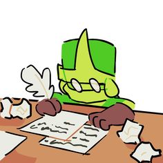 a cartoon character sitting at a desk with papers