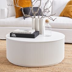 a white coffee table with some books on it and a vase full of branches in the middle