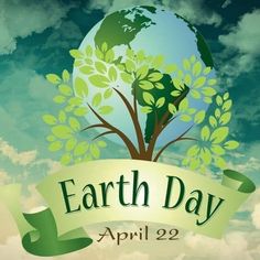 the earth day logo is shown against a blue sky with white clouds and green leaves