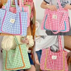 two women sitting on chairs holding colorful bags