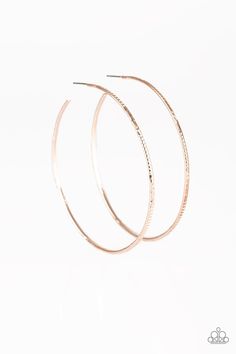 Etched in mismatched textures, a dainty rose gold bar curls into a patterned hoop for a seasonal look. Earring attaches to a standard post fitting. Hoop measures 2 3/4" in diameter. Sold as one pair of hoop earrings. P5HO-GDRS-116XX Paparazzi Earrings, Rose Gold Bar, Rose Gold Hoop Earrings, Dainty Rose, Paparazzi Accessories, Inspired Jewelry, Paparazzi Jewelry, Gold Bar, Pretty Earrings