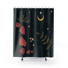 a black shower curtain with red flowers and stars in the night sky on it's side