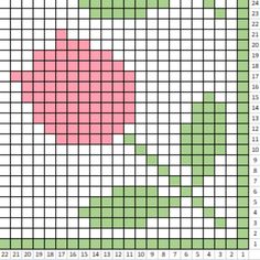 a cross stitch pattern with pink flowers on green and white squares, which are arranged in the shape of a heart