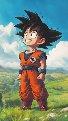 a cartoon character in an orange outfit standing on top of a lush green field with blue sky and clouds behind him