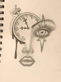 a drawing of a woman's face with a clock on it