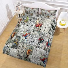 this is a bed with comic covers and pillows on the bottom half, along with an image of iron man