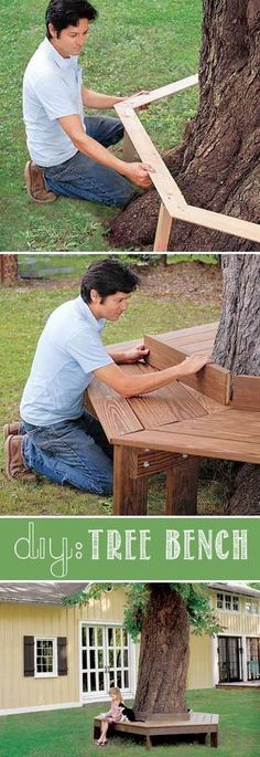 a man sitting on the ground next to a tree and building a bench in front of it