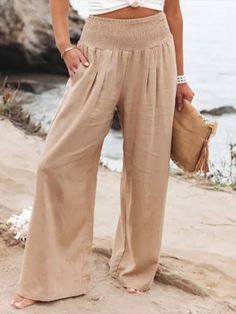 Khaki Solid Casual Wide Leg Loose Pants Loose Trousers, Wide Leg Linen Pants, Linen Style, Pantalon Large, Linen Trousers, Tai Chi, Look Casual, Palazzo Pants, Wide Waistband