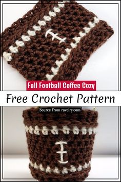 two crocheted coffee mug cozyies with the words free crochet pattern