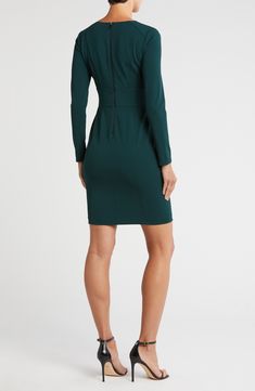 Layer and accessorize this smart sheath dress however you want for a look that easily switches from the 9-to-5 to after-hours-ready in seconds. 36" length Exposed back-zip closure V-neck Long sleeves Partially lined 96% polyester, 4% spandex Dry clean Imported Workwear Sheath Mini Dress, Elegant Bodycon Dress With Invisible Zipper, Workwear Elastane Sheath Bodycon Dress, Elegant Mini Dress With Side Zipper For Work, Sheath Bodycon Dress With Back Zipper, Elegant Bodycon Mini Dress With Zipper Closure, Elegant Formal Mini Dress With Zipper Closure, Elegant Workwear Dress With Zipper Closure, Workwear Midi Bodycon Dress With Back Zipper