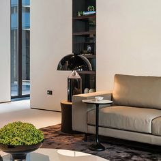 a living room filled with furniture next to a tall book shelf and large glass windows