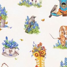 an image of blue flowers and animals in the grass with boots on it's sides