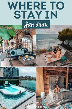 an outdoor hot tub with the words where to stay in san juan