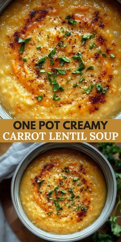 one pot creamy carrot lentil soup with parsley on top and the other side