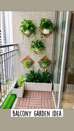 an apartment balcony with potted plants on the wall and small green grass in the floor