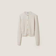 Cable-stitch and ribbed knit Front button closure Regular fit Ribbed knit round neck Regular shoulder Ribbed knit cuffs and hem Knit logo patch Journal Banner, Feminine Shirts, Knit Logo, Chalk White, Cardigan Women, Evening Outfits, Logo Tag, Cable Knit Cardigan, Cashmere Cardigan