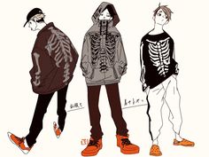 three young men wearing hoodies and sweaters, one with a skeleton print on it