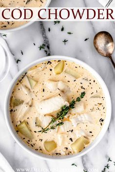 two white bowls filled with soup and garnished with fresh herbs on the side