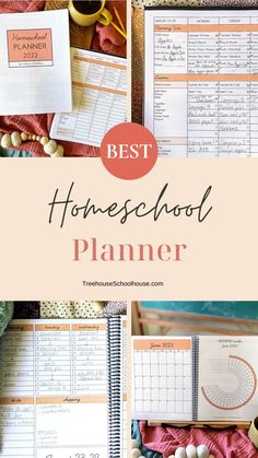 the best homeschool planner is shown in this collage with text overlay