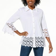 Colleen Lopez Button-Front Tunic with Lace Detail  Designed with a comfortable cotton stretch fabric, this button-front top gives your everyday look an elegant vibe with its pearl-like buttons and crochet lace detail. Spring Stretch Tops With Buttons, Summer Stretch Shirt With Buttons, Stretch Cotton Blouse With Button Closure, Stretch Cotton Button-up Blouse, Feminine Spring Tops With Button Cuffs, Stretch Cotton Blouse With Buttons, Stretch Shirt With Button Closure For Spring, Ireland Fashion, Button Front Top