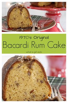 a cake on a plate with the words 1970's original bacardi rum cake