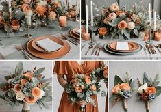 the table is set with orange and gray flowers, candles, napkins, and silverware