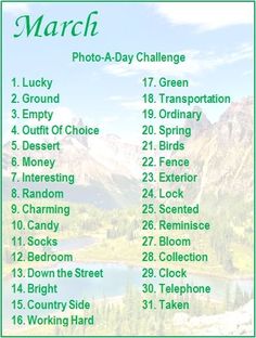 the march photo - day challenge is shown in green and white, with an image of mountains