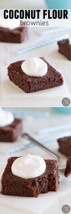 chocolate brownies with whipped cream on top are shown in two different pictures, one is half eaten and the other half has been sliced