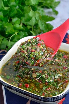 a red spatula scooping some green food out of a white dish with parsley on the side