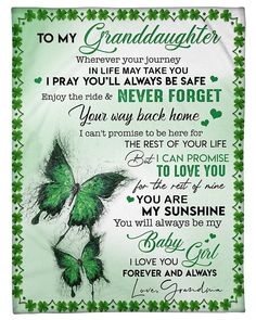 a green and white blanket with the words to my granddaughter