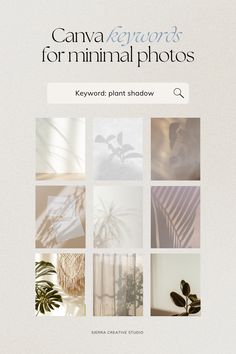 the front cover of a book with many photos on it and text that reads canva keywords for minimal photos