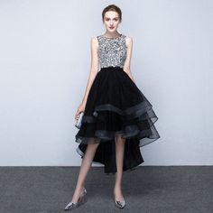 A Line High Low Black Prom Dress Cocktail Dress Wholesale.Wholesale to all customers even you buy only one dress you will get wholesale price. The more you buy the better price you will get. 100% safe payment. White Tea Length Dress, Gaun Koktail, Grad Dresses Short, Grad Dresses Long, Prom Dress Black, Black Homecoming Dress, High Low Prom Dresses, Sequin Prom Dress, Graduation Dresses