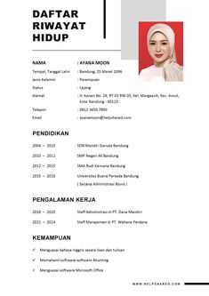 a white and black resume with an image of a woman in hijab on it