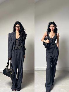 Womens Suits With Corset, Blazer Waistcoat Outfit, Waistcoat Blazer Woman Outfit, Pantsuit Outfit Aesthetic, Afro Victorian Fashion, Blazer Slacks Outfit, Suit Waistcoat Women, Formal Waistcoat For Women