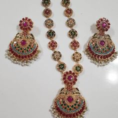 Nauratan Bridal Pearl Necklace Set With Mala /indian Pakistani Shade Wedding Bridal Jewelry/ Full Pakistani Bridal Set - Etsy Canada Temple Jewelry Sets With Latkans For Wedding, Traditional Round Jewelry Sets For Wedding, Multicolor Bridal Necklace With Intricate Design For Wedding, Wedding Sets With Stone Work In Multicolor, Multicolor Wedding Sets With Stone Work, Traditional Round Bridal Sets For Marriage, Multicolor Wedding Set With Stone Work, Traditional Silver Jewelry Sets For Marriage, Multicolor Stone Work Jhumkas For Wedding