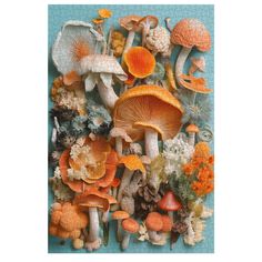 a group of mushrooms and other plants on a piece of puzzle paper with blue background