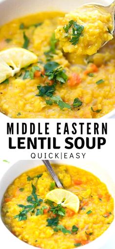 two bowls filled with lentil soup and one has a spoon full of the soup