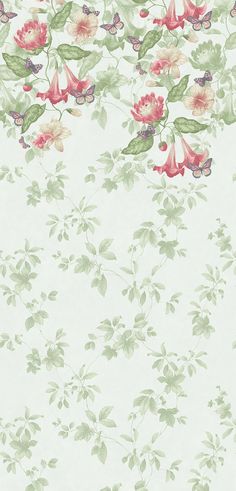 a white wallpaper with pink flowers and green leaves on the bottom half of it