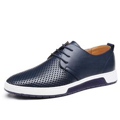 Men Casual Shoes Leather Summer Breathable Holes Luxurious Brand Flat Shoes - Tania's Online Closet Casual Oxford Shoes, Comfortable Mens Shoes, Casual Leather Shoes, Casual Dress Shoes, 50 Style, Breathable Shoes, Fashion Business, Leather Shoes Men, Blue Shoes