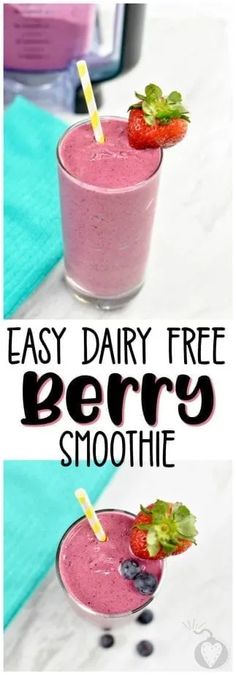 two glasses filled with berry smoothie on top of a white tablecloth and the words, easy dairy free berry smoothie