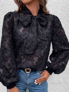 🚚FREE Shipping on orders over $100 ✨ use Code: "Mylook" for Extra Discount at checkout ﻿- 📏Sizing: run a little small 📏 MsDressly® Exclusive! Keep cute and classic in MsDressly® Long Sleeve Button Blouse! Soft, lightweight polyester fabric creates a bow neckline and long sleeves. The loose bodice is made of cut out jacquard. Pair it with jeans and suits to create a casual and fashionable weekday look! Gender: Women Type: Tops Feature: Hollow Material: 100% Polyester Care: Hand Wash Cold. Do Not Bleach. Line Dry. Iron Low Heat Style: Casual/Fashion Color: Black Size: S, M, L Please Note: All Dimensions Are Measured Manually With A Deviation Of 1 To 3cm. Pattern Outfits, Jacquard Shirt, Classic Blouses, Black Lace Blouse, Bow Shirts, Button Blouse, Women's Blouses, Bow Blouse, Fashion Color