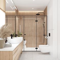 a bathroom with two sinks, a toilet and a walk in shower next to each other