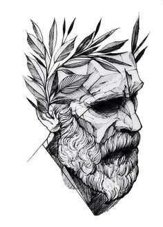 a drawing of an old man with leaves on his head