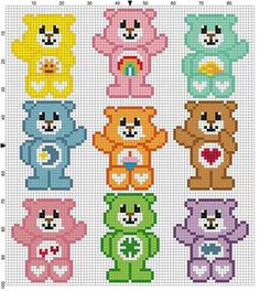 a cross stitch pattern with four teddy bears in different colors and sizes, each holding a heart