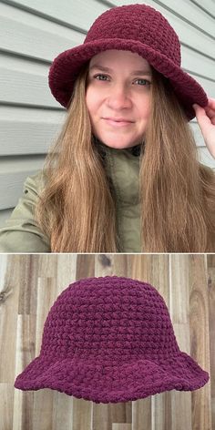 a woman wearing a purple crocheted hat